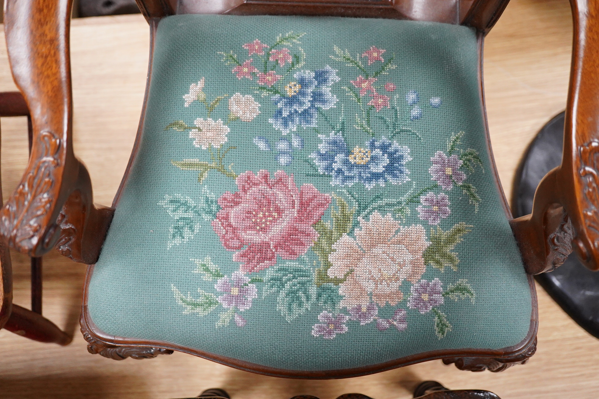 Two antique wooden stools and two children's chairs, one with arms and an upholstered seat x 51cm high